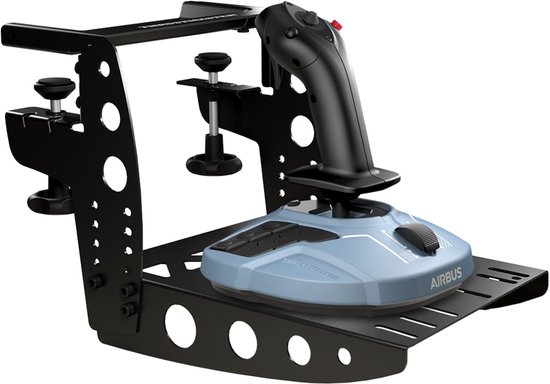 Zwarte metalen Thrustmaster Flying Clamp met lichtblauwe Airbus joystick en gashendel.