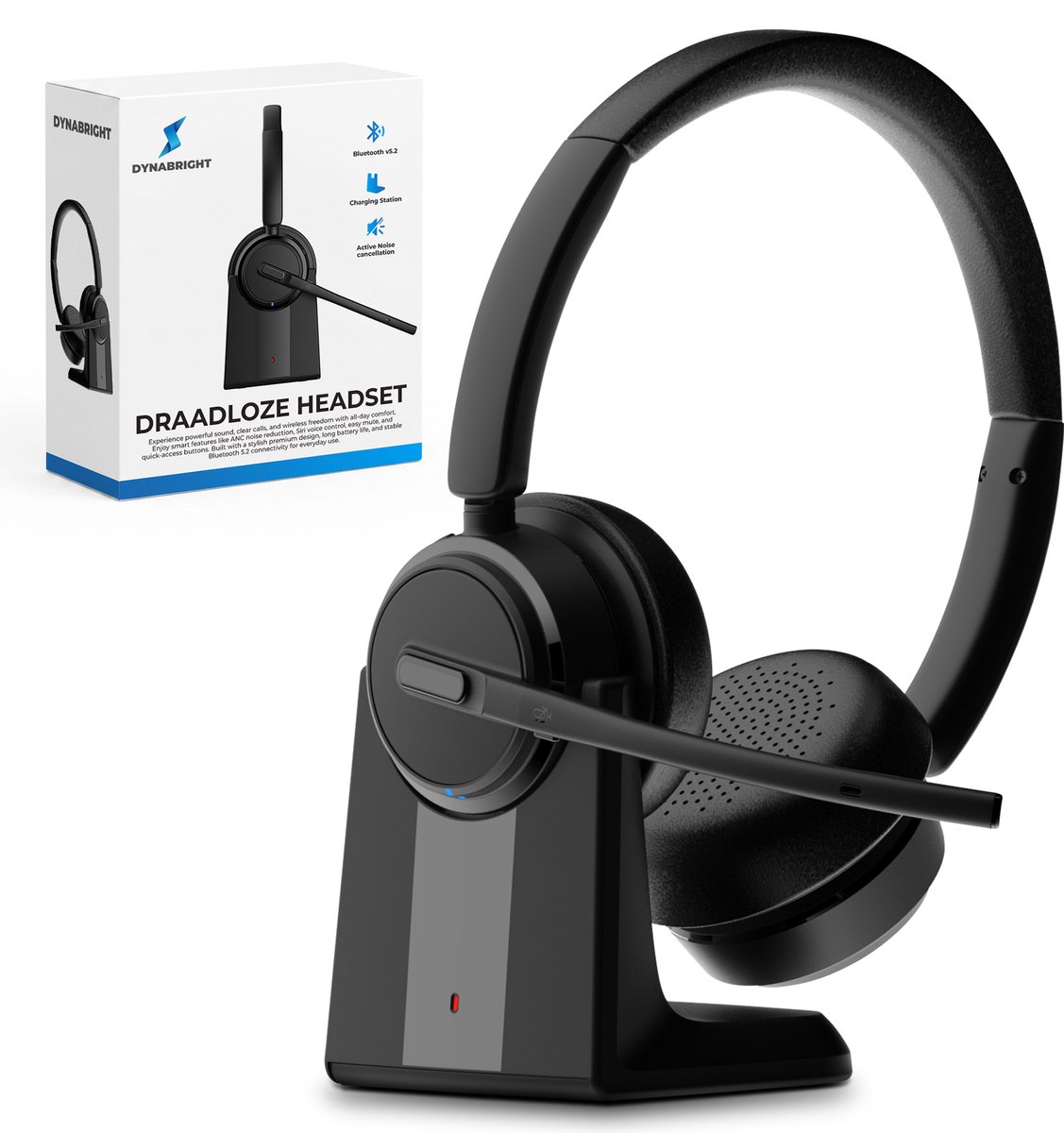 DynaBright Draadloze Headset - Hoofdtelefoon voor Laptop en Computer - Noise Cancelling - Incl Oplaadstation - Koptelefoon - Computer Headset - Bluetooth 5.4 - Business Headset - USB-C