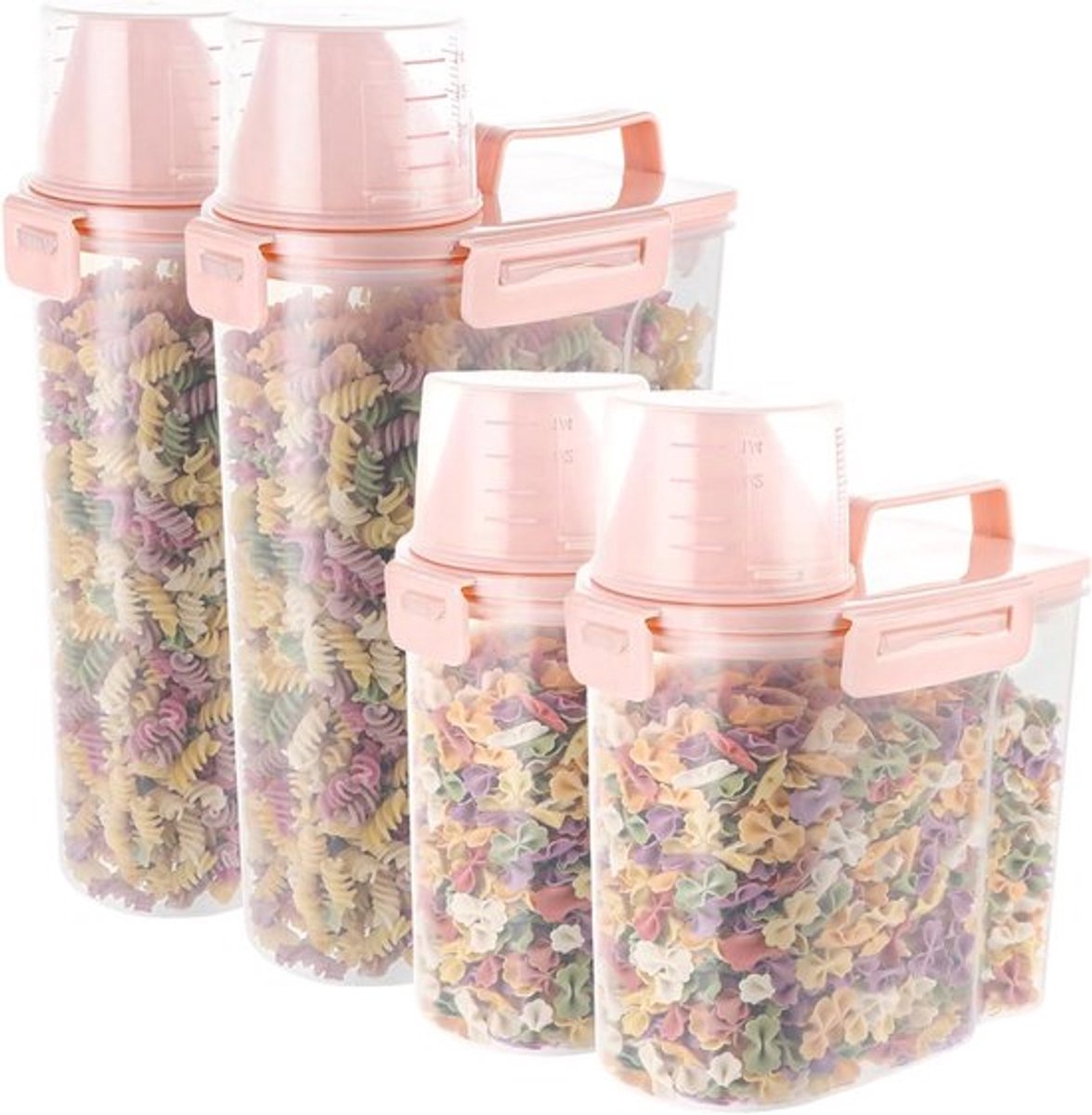 Opbergdozen voor muesli en waspoeder - set van 4, luchtdicht en inclusief maatbeker (roze)