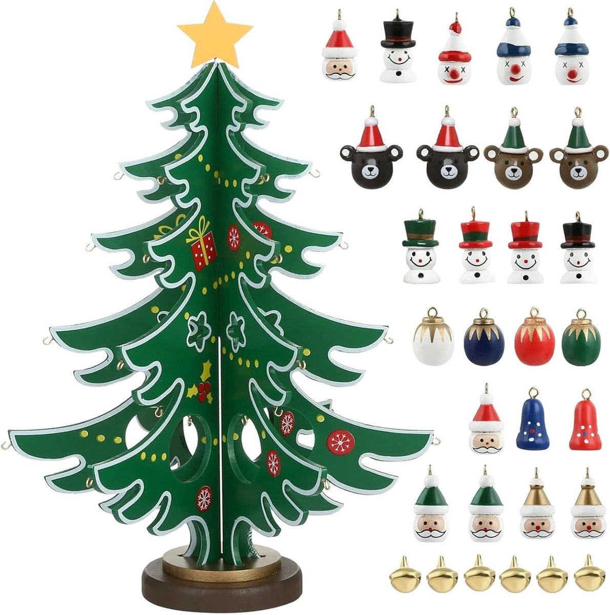 Houten Mini Kerstboom Tafeldecoratie met 30 Accessoires - Groen