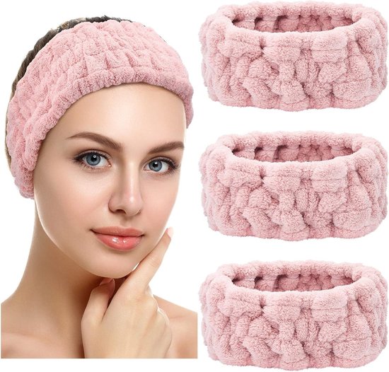 Zachte 3-delige Spa Hoofdband voor Vrouwen - Make-up Hoofdband voor Gezichtsreiniging, Douche en Maskers (Roze)