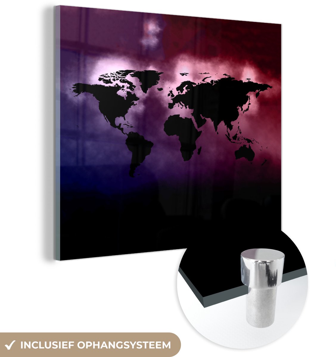 ® Glasschilderij 90x90 cm - Schilderij acrylglas - Wereldkaart - Waterverf - Roze - Foto op glas - Muurdecoratie woonkamer - Wanddecoratie slaapkamer - Schilderijen