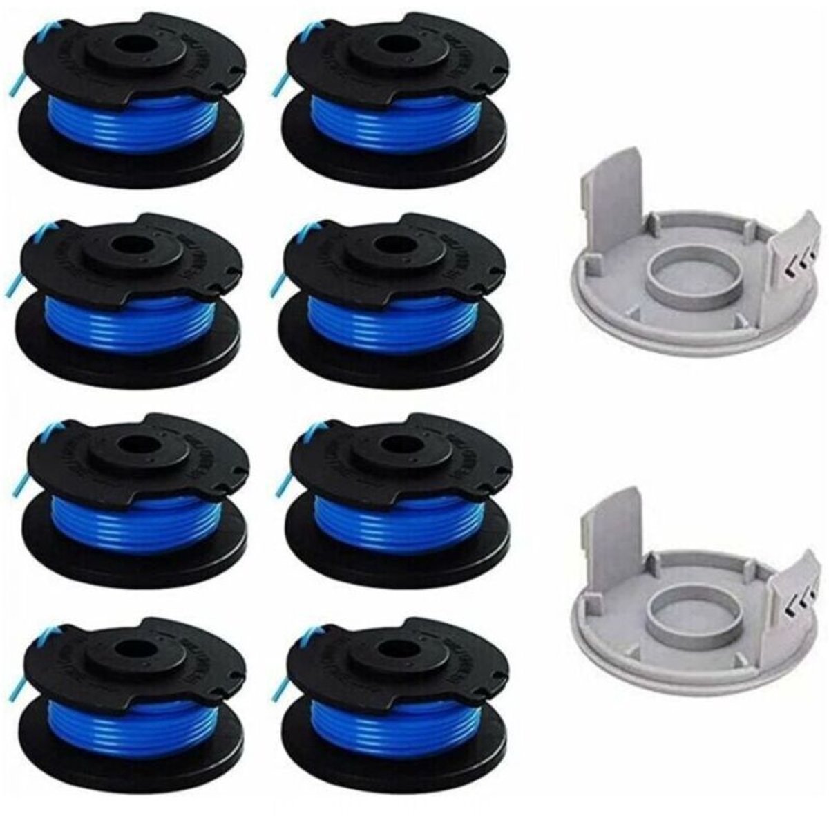 10 vervangende spoelen geschikt voor Ryobi duimtondeuses, geschikt voor de Ryobi One+ AC14RL3A draadloze tondeuse, inclusief 8 spoelen en 2 beschermkapjes geschikt voor de tondeuse.