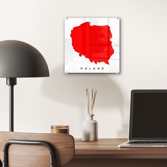 ® Glasschilderij 20x20 cm - Schilderij acrylglas - Illustratie van Polen in het rood - Foto op glas - Muurdecoratie woonkamer - Wanddecoratie slaapkamer - Schilderijen