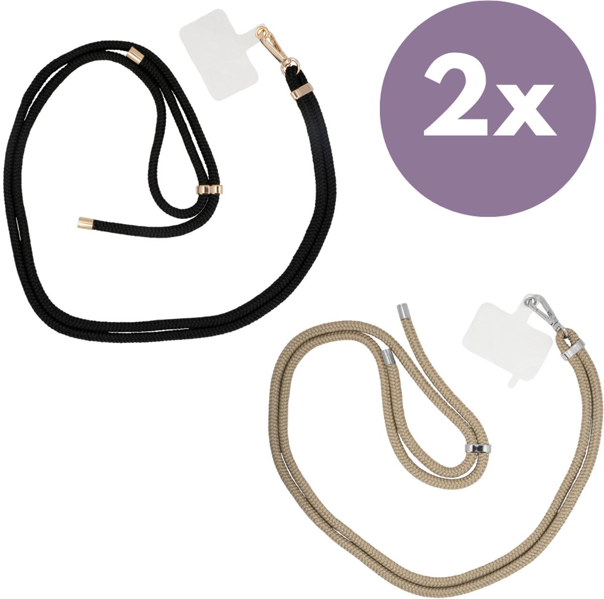 xoxo Wildhearts bundel 2x telefoonkoord - Zwart met Goud & Bruin met Zilver - Easy Cord - Telefoonbandjes - Ketting voor telefoon universeel - Koord geschikt voor iPhone - Phone Cord Samsung - 2x Easy Cord