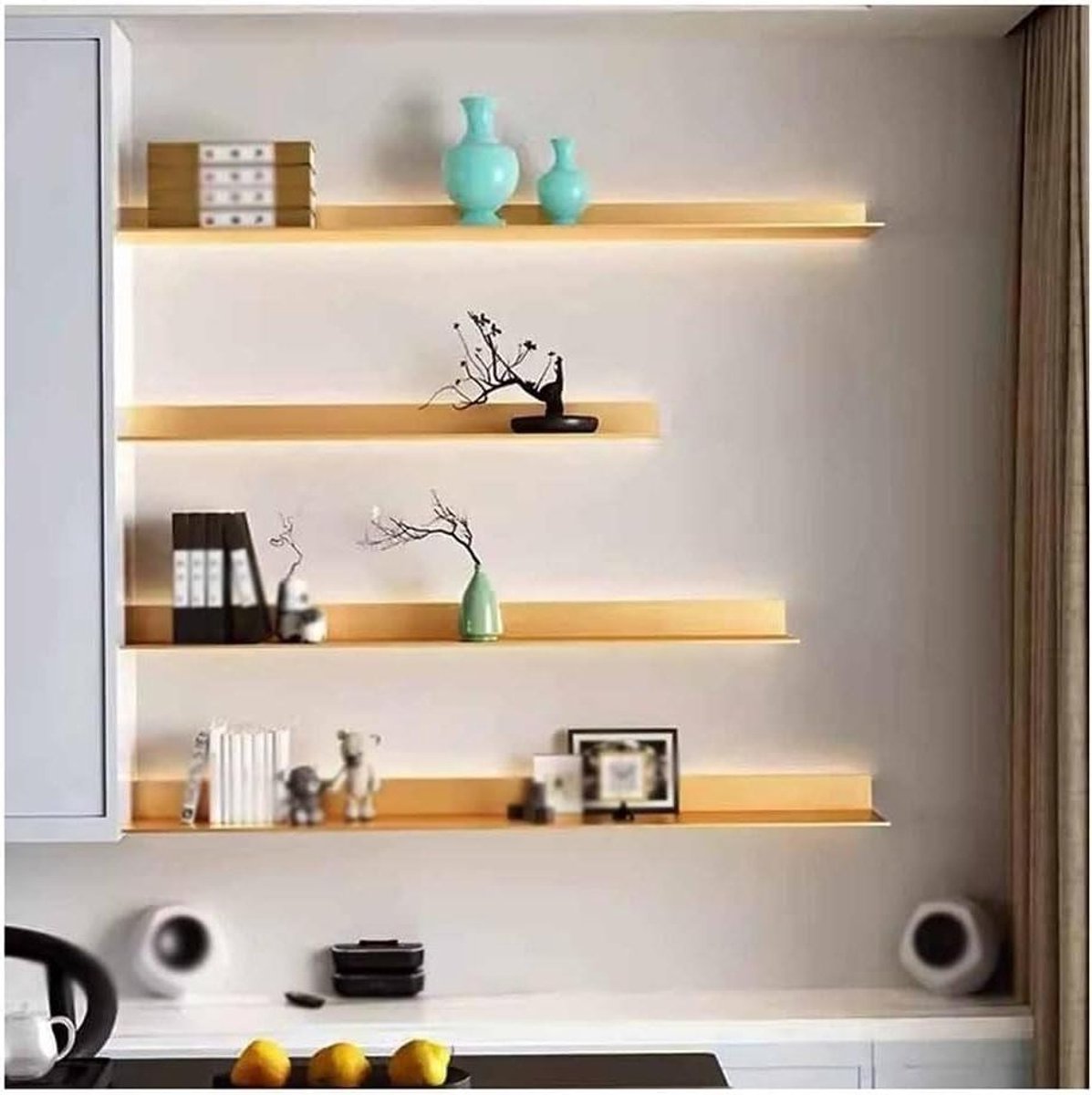 Zwevend Wandrek - Decoratief Rek - Spullen Tonen - Geïntegreerd LED - 99 cm - Goud