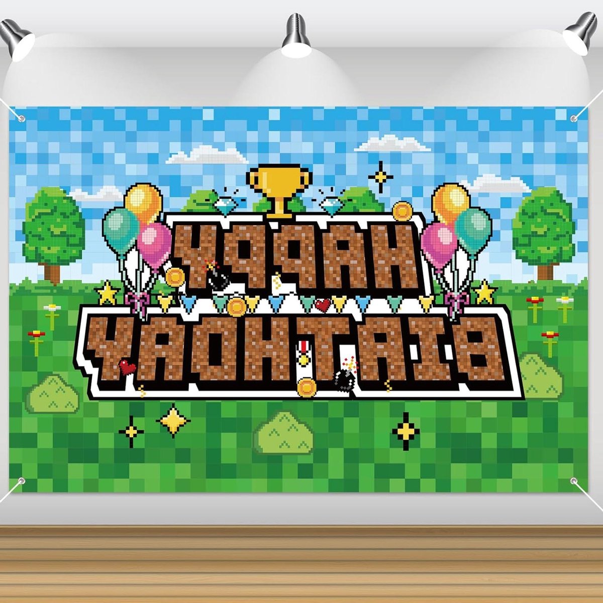 Pixel Verjaardags Achterdoek - Pixel Banner Game Decoratie - Feest Fotografie - Robuust Polyester Materiaal - 150x100cm - Groen