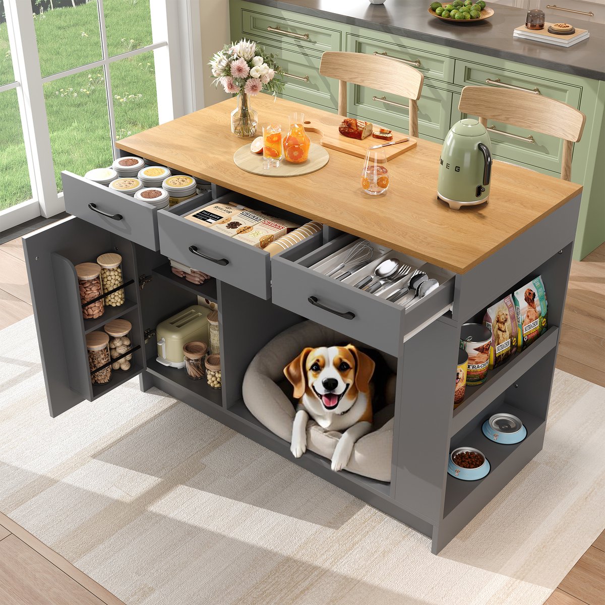MIVRAY Keukeneiland Met 3 Laden En Verstelbare Plank Voor Keuken En Woonkamer MDF Natuurlijk Grijs 120x60x90 Cm