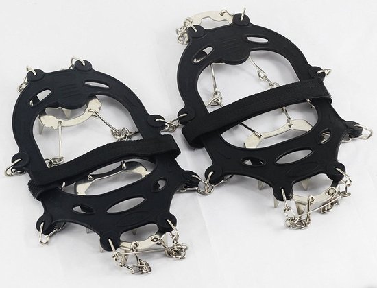 Twee zwarte antislipkettingen met stalen punten en klittenband.