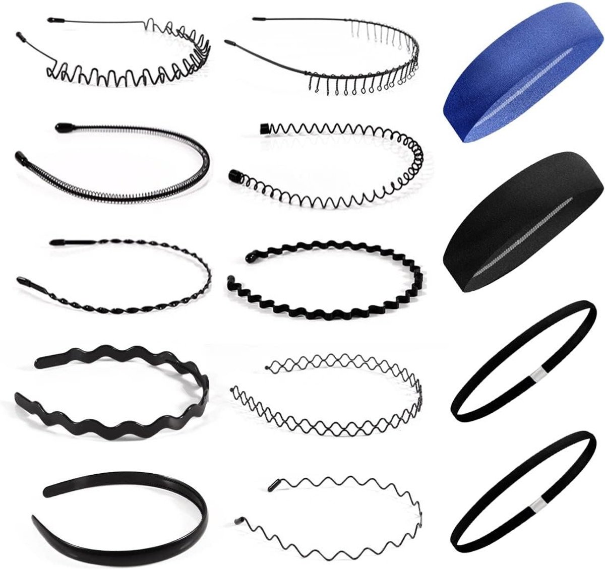 Zwarte Metalen Haarbanden Set van 14 Stuks voor Sport, Make-up en Outdoor Activiteiten - Antislip en Elastisch Accessoire voor Dames, Heren en Jongens
