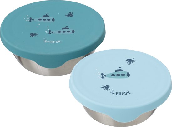 Boîte à goûter Fresk pour Enfants - Lot de 2 - Boîte à goûter en acier inoxydable - Contenants de rangement compatibles lave-vaisselle - Corbeille à fruits École - Boîtes de conservation - Boîte à fruits - Bleu clair - Motif sous-marin