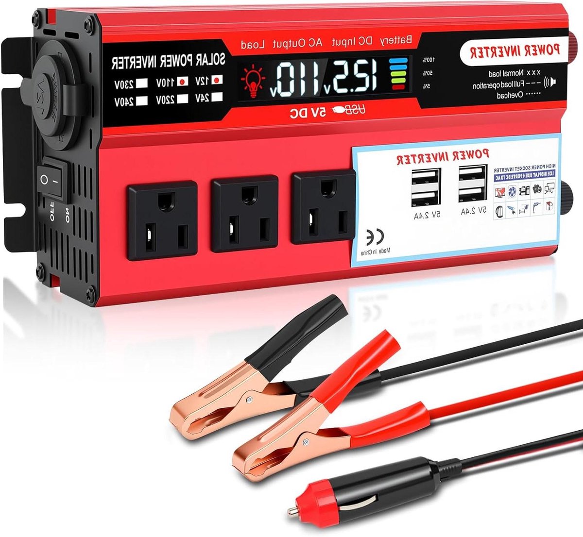 Stroomomvormer - DC naar AC - Apparaten Aansluiten - Dubbel LCD Display - 1000 Watt - Rood