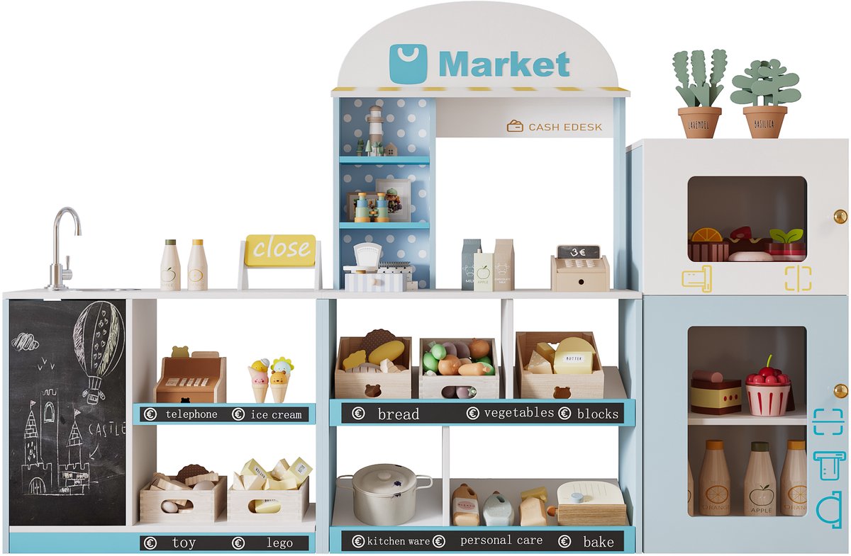 HOMCOM - Speelwinkel - Met Koelkast & Schappen - Krijtbord & Kraan - Hout/Kunststof Blauw 155x30x107 cm