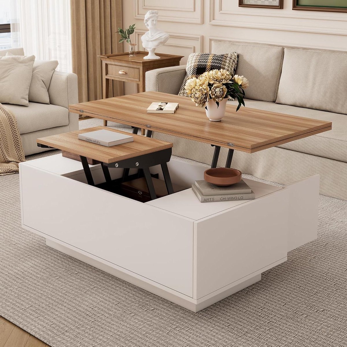 Koffietafel - Eettafel - Wonen en werken - Dubbel hefmechanisme - 100 x 50 cm - Wit met houtkleur