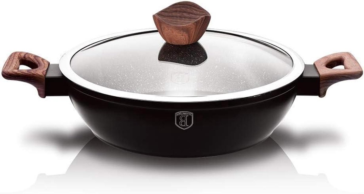 Kookpan Met Deksel - Diepe Pan - Lekker Koken - Graniet Marmer Coating - 28 cm - Mat Zwart