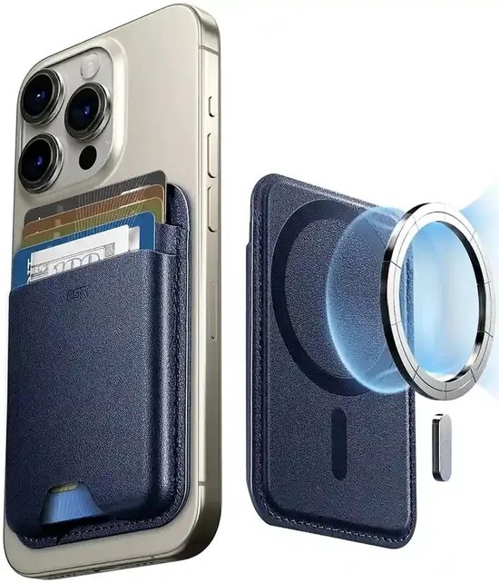 Donkerblauwe magnetische kaarthouder, losgekoppeld van een iPhone.