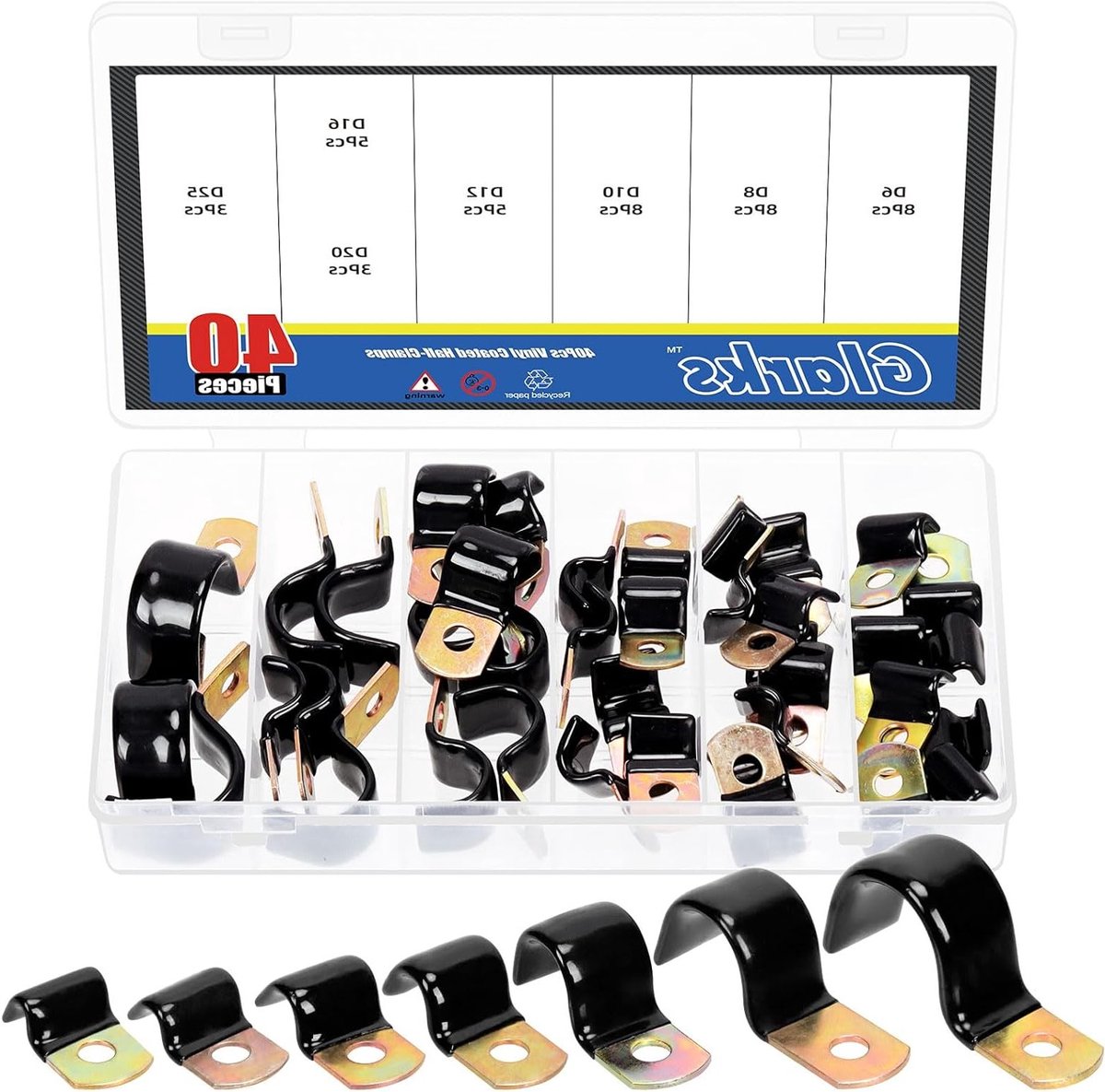 Set van 40 Stuks Vinyl Gecoate Kabelklemmen 6/8/10/12/16/20/25mm - Half Metalen en Rubber Geïsoleerde Klemmen voor Kabelbevestiging en Organisatie