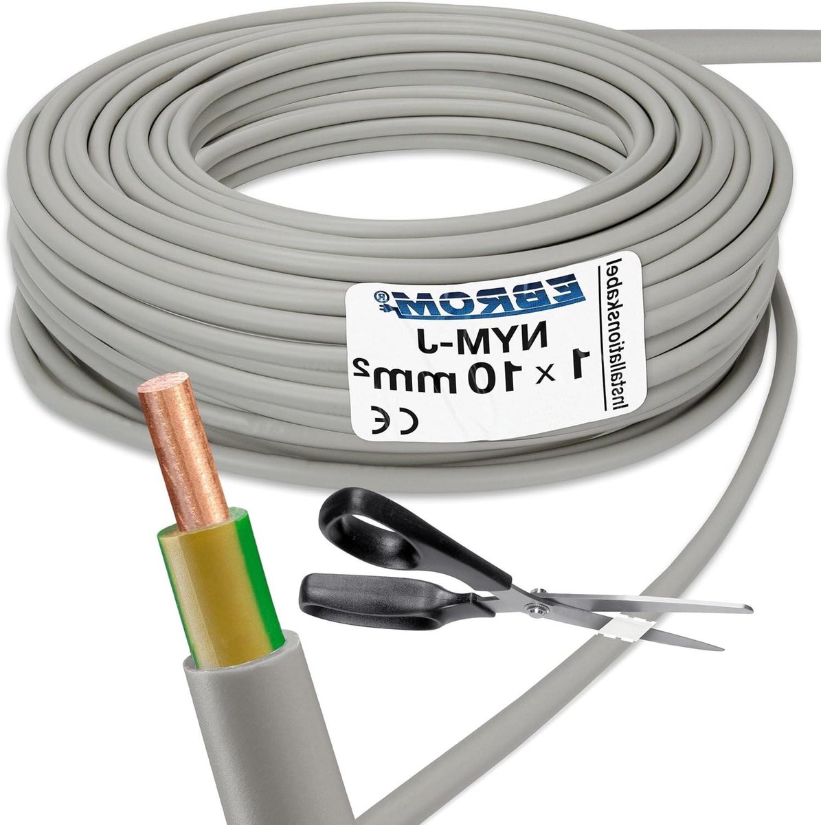 Aardingskabel NYM-J - Installatiekabel Elektriciteitsdraad - Vaste Installatie - Afgeschermd - 1x10 mm2 - Grijs