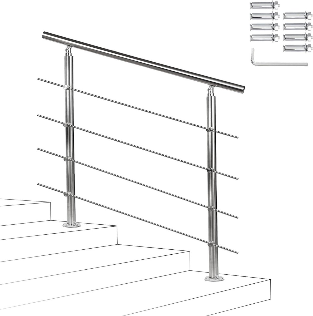 Roestvrijstalen trapleuning - Balustrade steun - Veilig traplopen - Hoekverstelbaar - 150 cm - Zilverkleurig