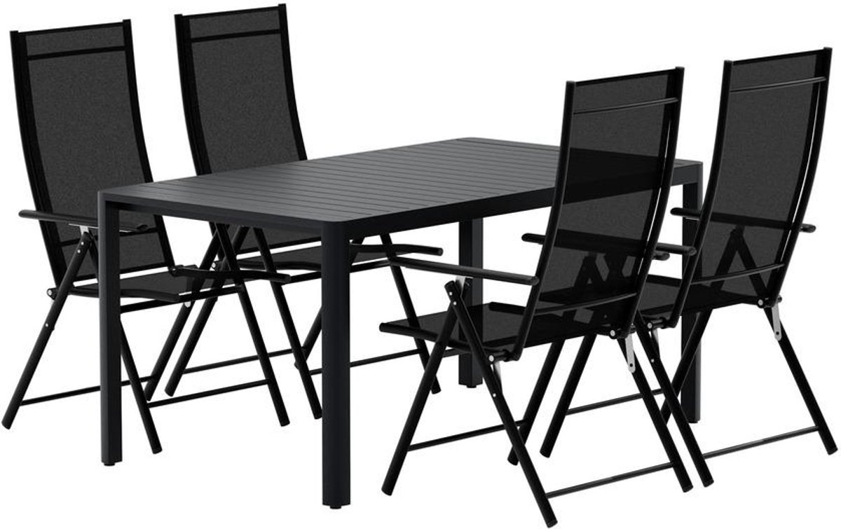 Svea - Valarie rechthoekige tuintafel - zwart + 4x Crystal tuinstoelen - zwart