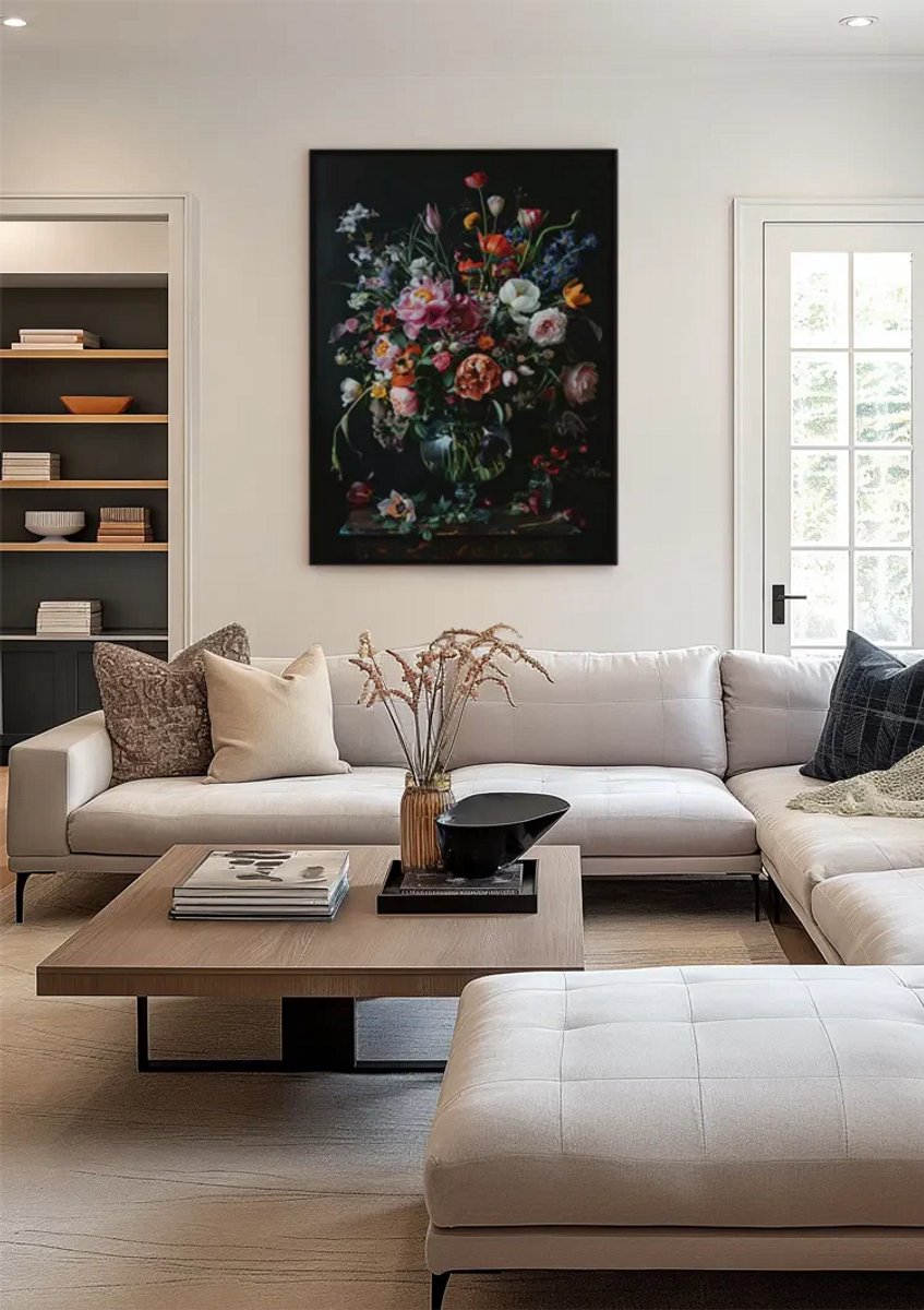 Yourwallarts.com - Wandpaneel - Canvas - Kleurrijke Bloemexplosie Pioenrozen Tulpen Glazen Vaas Donke