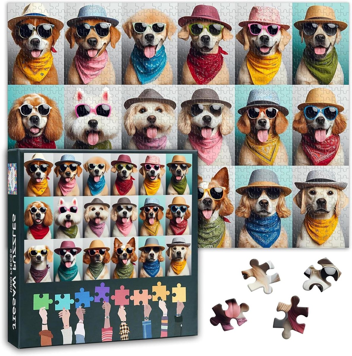 Schattige hondenpuzzels voor volwassenen, 1000 stuks, hond met glimlachende gezichten, puzzel als cadeau voor volwassenen, puppy's, zonnebril, uitdaging, puzzels voor familie, spel, 70 cm x 50 cm
