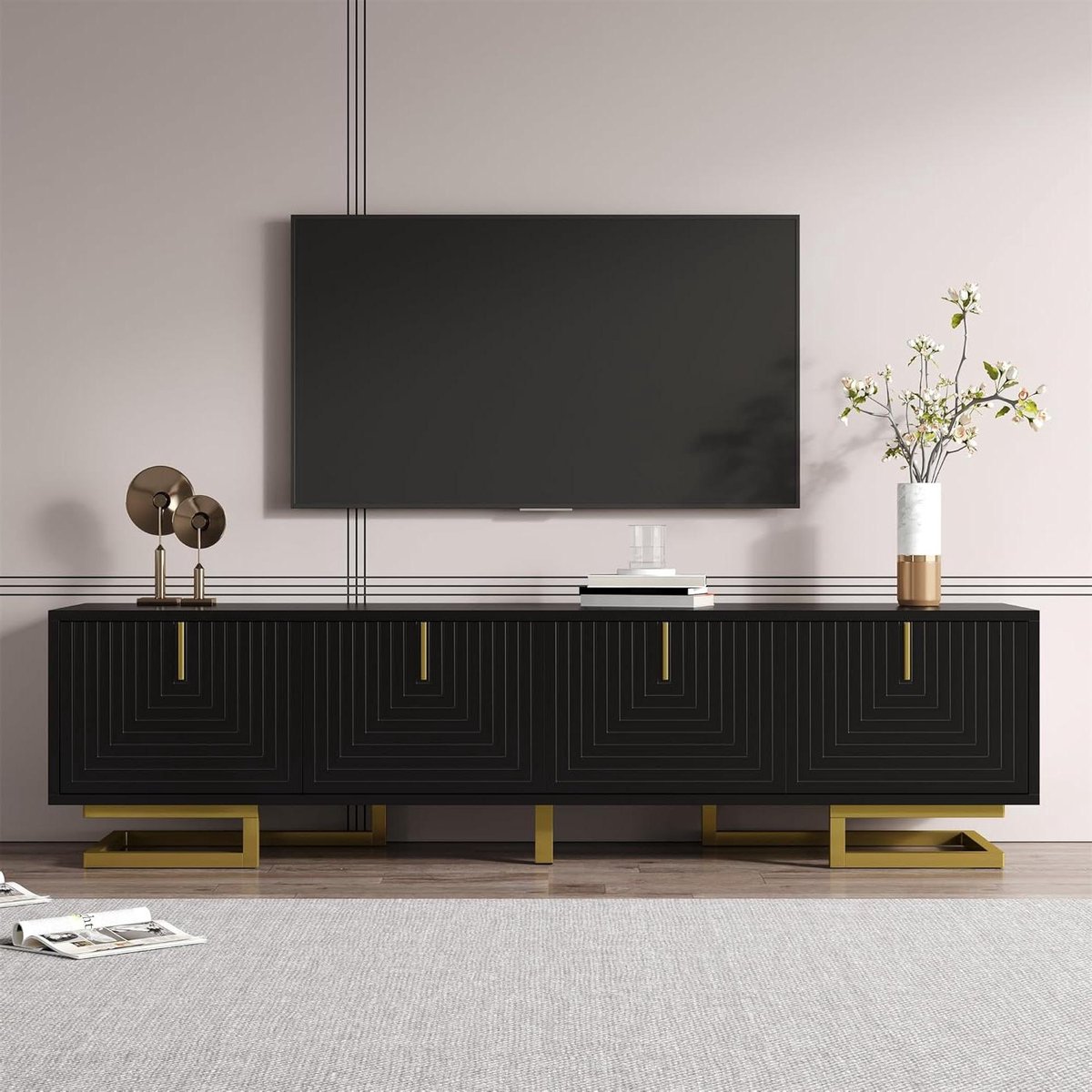 Tv-meubel Zwart - Tv-kast Woonkamer - Opbergen Media - Gouden Details - 160x38x44.5cm - Zwart