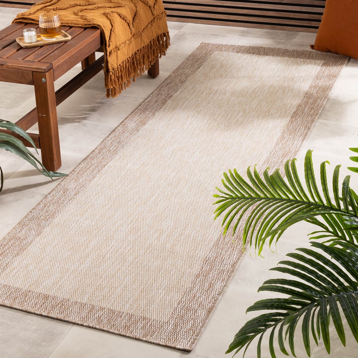 Fraai In- & Outdoor loper - Sierra Border Creme/Beige - 80x300cm