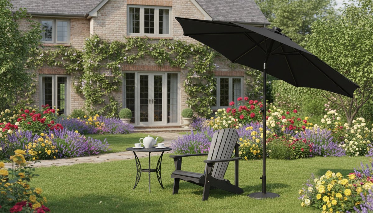 Zweefparasol met LED Depauwonen Ø350 cm – Luxe Hangparasol met Zonne-energie Verlichting & Zwengel – Grote Parasol voor Tuin, Terras & Balkon – UV-bescherming, Waterafstotend, Aluminium Frame, Donk...