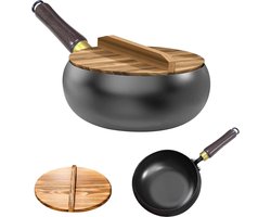 1 iron pan with wooden lid, wrought iron pan, omelette pan, non-stick pan, pan without coating, Big Belly pot suitable for roasting, baking, stewing and frying