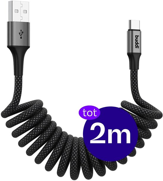 Zwarte, oprolbare USB-A naar USB-C kabel met "tot 2m" tekst.