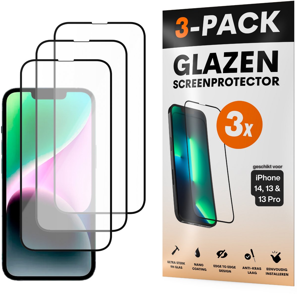 Screenprotector - Geschikt voor iPhone 16E / 14 / 13 / 13 Pro - Gehard Glas - Full Cover Tempered Glass - Case Friendly - 3 Pack