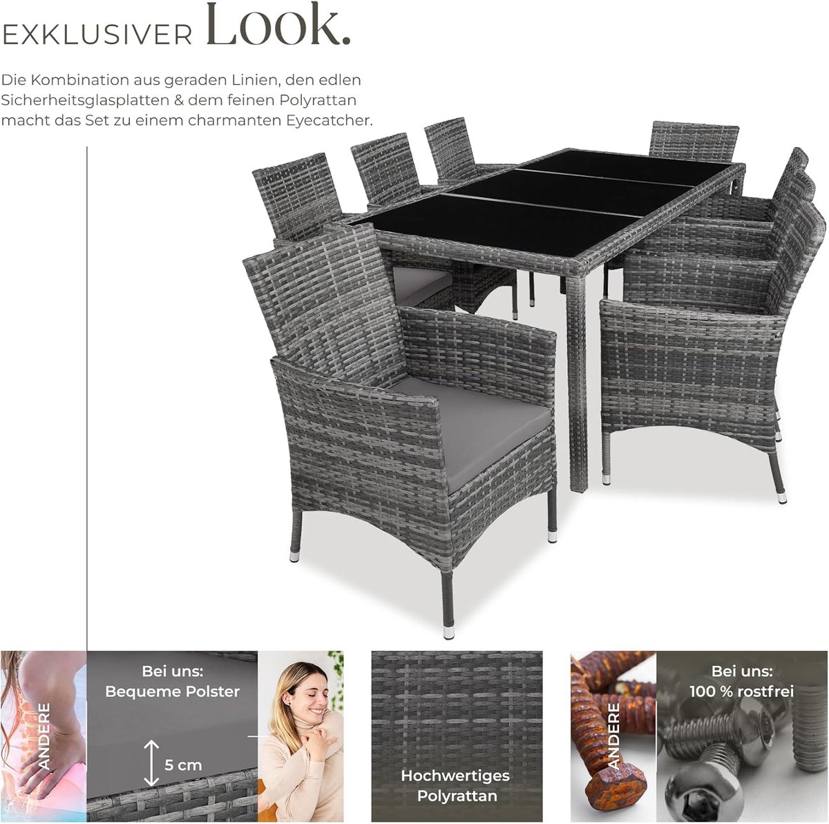 Outdoor Rotan Lounge Set Depauwonen Valencia – 8-persoons Balkon- & Tuinmeubelset met Tafel, Stoelen, Kussens & Beschermhoes, Weerbestendig, Modern Design, Grijs-Gemêleerd