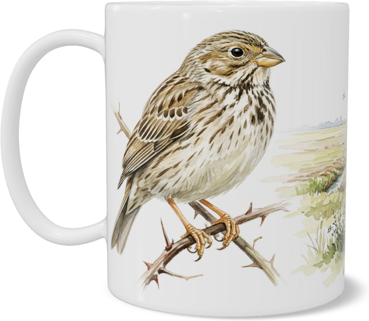 Mok Grauwe Gors (Emberiza calandra) Aquarel Series - Vogel op doornstruik met traditioneel