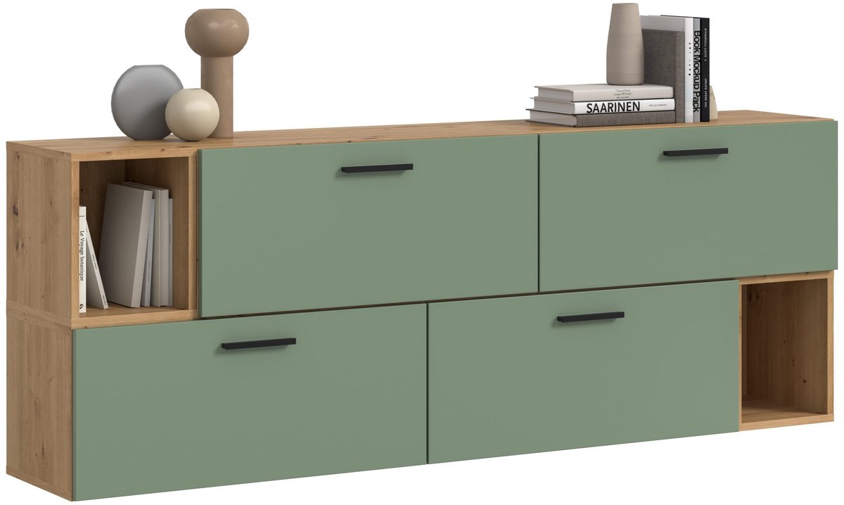 Modulaire woonwand in artisan eik en rookgroen - Stijlvolle opbergoplossing - 176cm