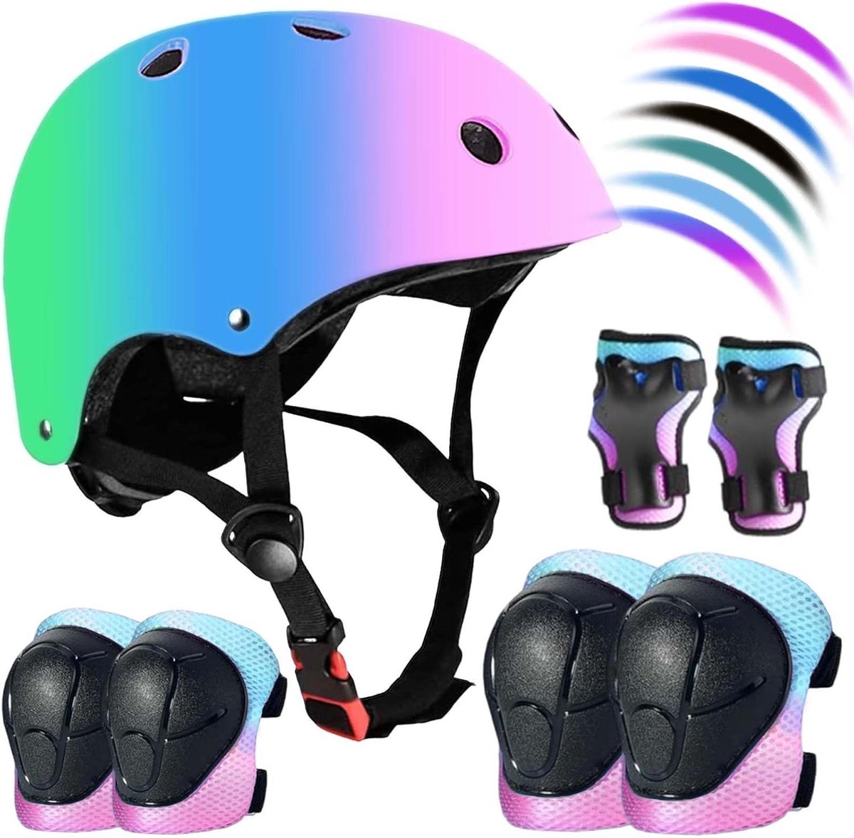 Kinderfietshelmset - Beschermingsset Kinderen - Veilig Sporten - Verstelbaar & Compleet - 3-8 Jaar - Roze Blauw Groen
