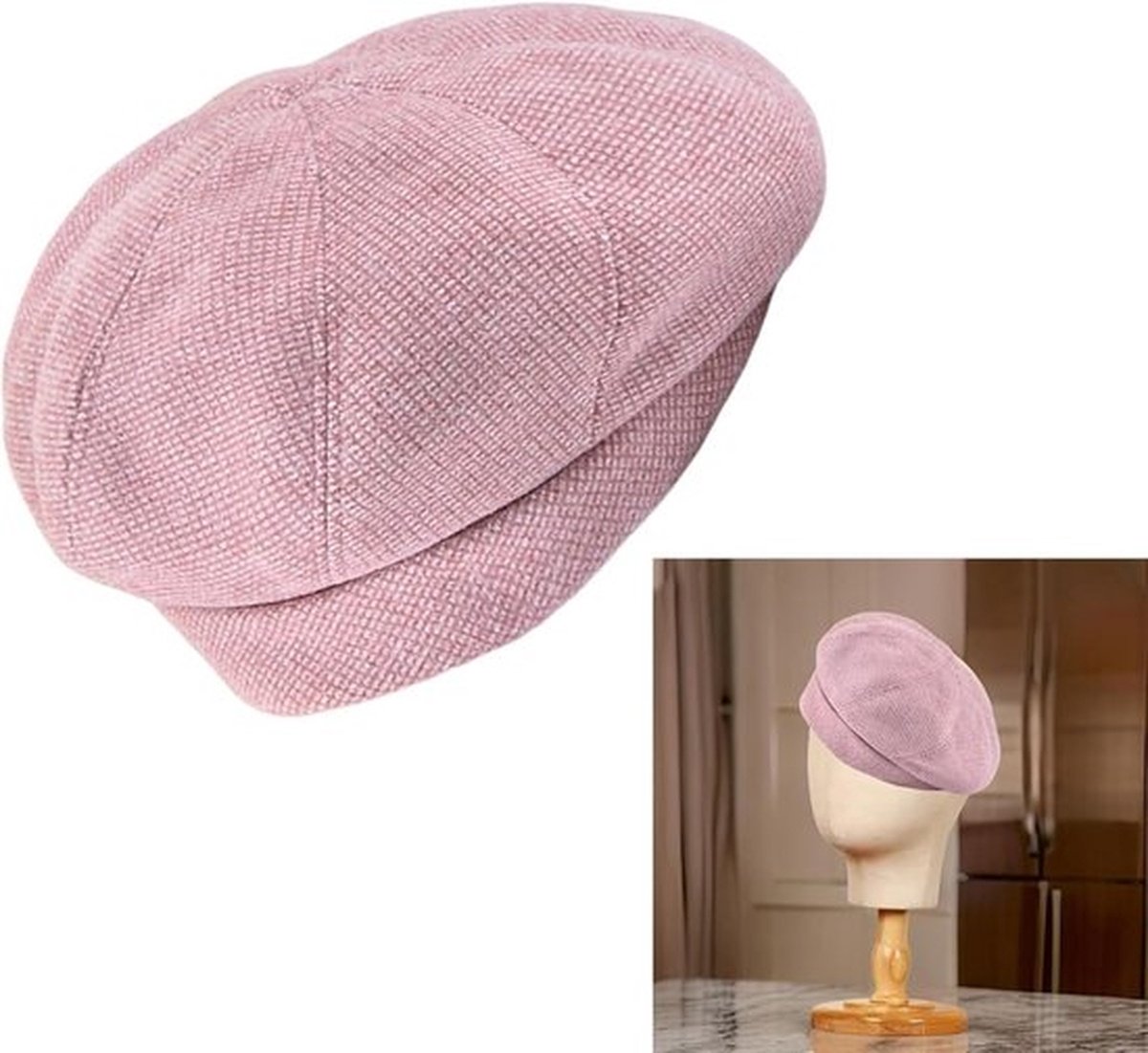Mode baretten Geruite bolhoed voor vrouwen Franse schildershoed Feest achthoekige petten Elegante winter/herfsthoed - Winterbaret muts Dames Dames baretten Baret jurk hoed Warm-roze