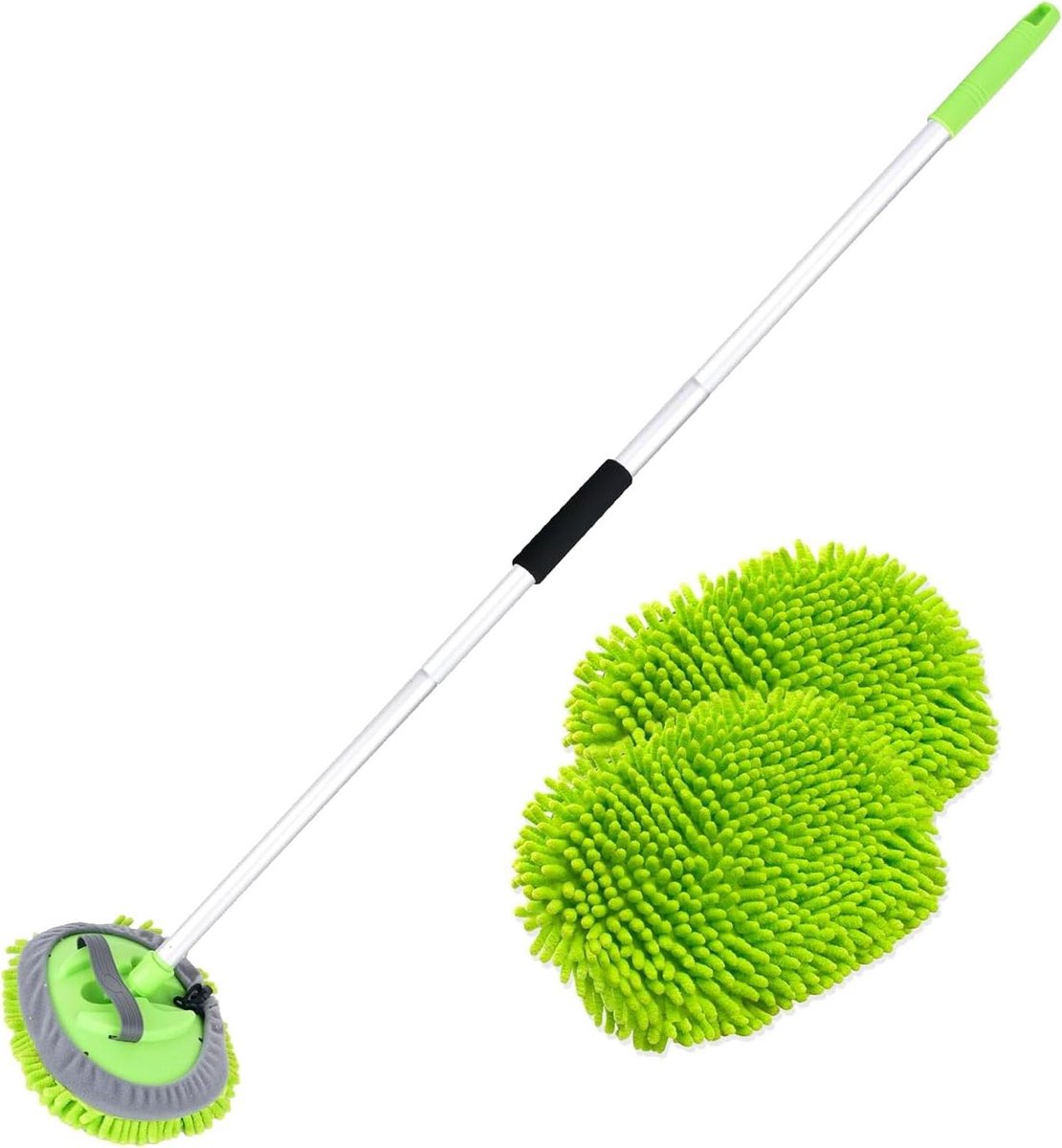 Autowasborstel Lange Steel - Autoreinigingsborstel Set - Auto Grondig Reinigen - Krasvrije Microvezel Chenille Kop - 16 Meter - Groen
