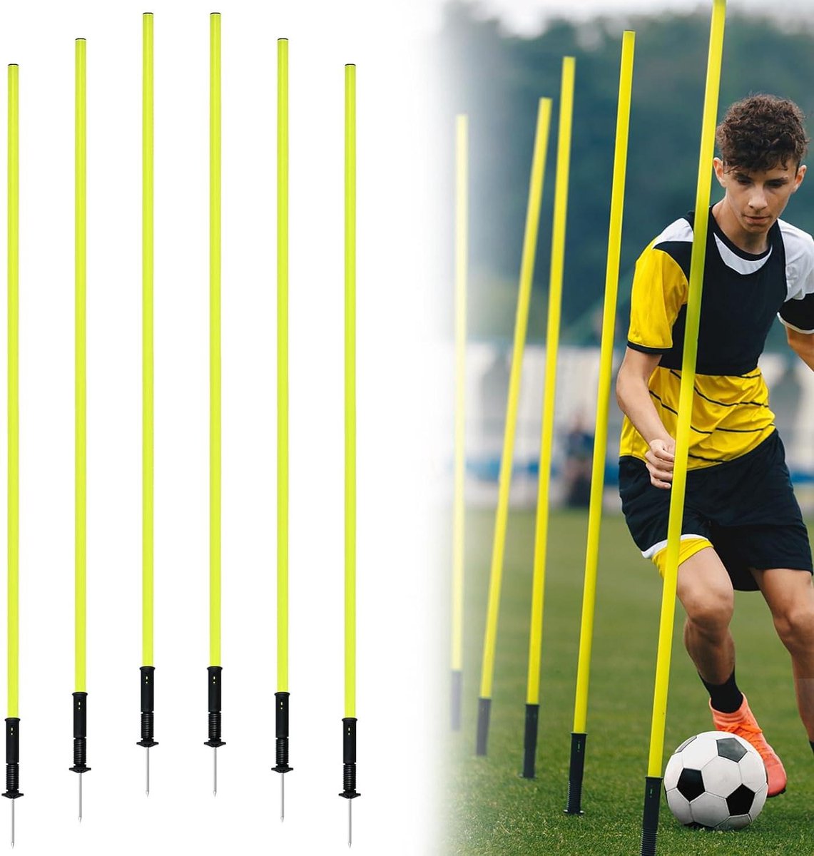 Slalomstangen Voetbaltraining - Trainingsstokken Behendigheid - Verbeteren Dribbling Snelheid - Met Metalen Grondpen - 1.5 Meter Hoog - Fluorescerend Geel