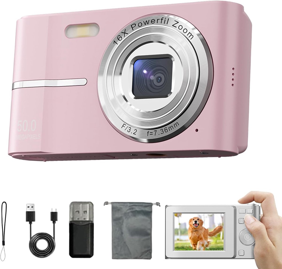 Camera - Digitale camera - Met esthetiek uit de jaren 2000 - compacte HD-camera met beeldstabilisatie - FHD 1080p - 16x digitale zoom - 50 MP - 2,4 inch LCD-scherm - Autofocus - Geschikt voor jongens - Meisjes - Volwassenen en beginners - Roze
