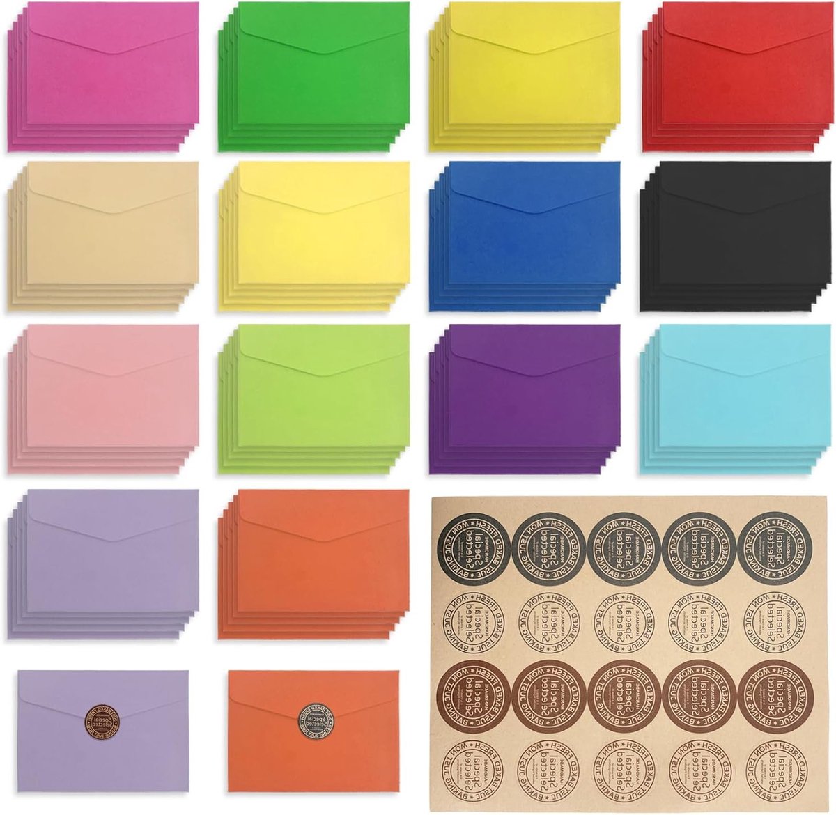 Kleurrijke Mini Enveloppen Set van 70 Stuks, 14 Kleuren voor Bruiloften en Verjaardagen, Inclusief 5 Zelfklevende Stickers voor Cadeaus en Decoratie