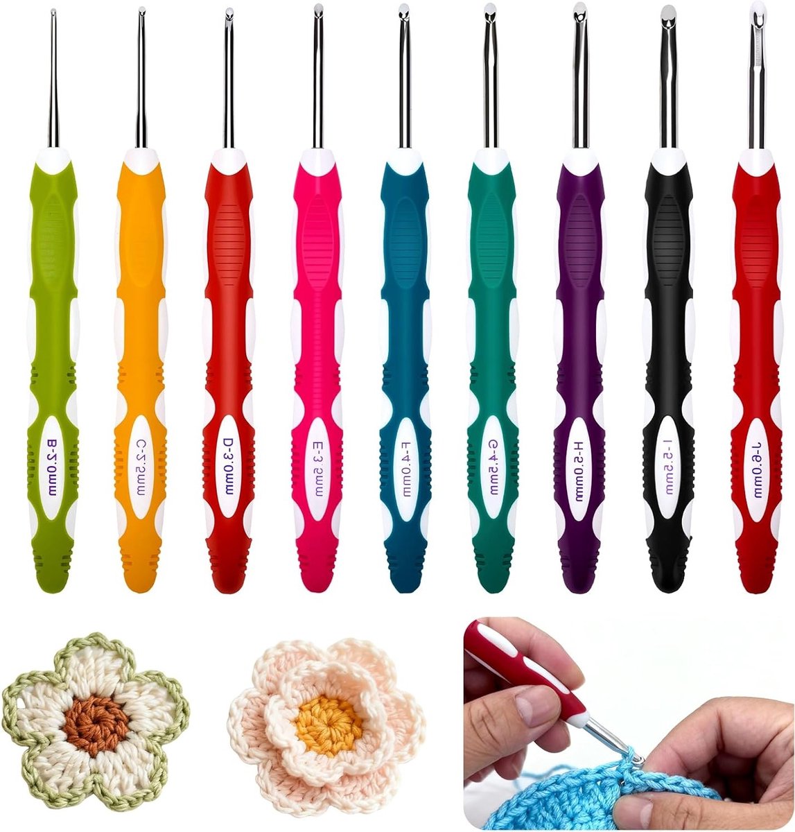 Complete Haaknaalden Set van 9 Stuks, Ergonomische Handgreep, Ideaal voor Beginners en Liefhebbers van Sjaals, Truien en Handschoenen, Maten 2mm-6mm
