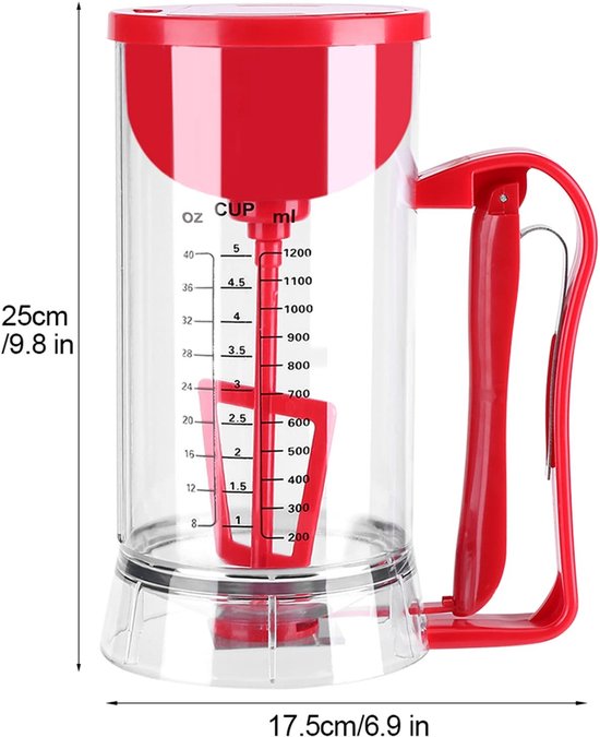 Beslag Mixer Dispenser - Automatische Beslagmaker - Bakken Maken - Automatisch Mengen Dosering - 1200 ml Capaciteit - Transparant Rood van Merkloos — afbeelding 5