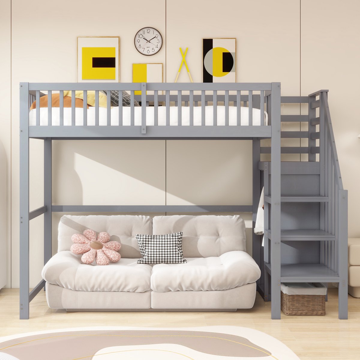 VVBV Kinderhoogslaper 90x200 cm - Opbergruimte, Planken, Trap/Ladder, Voor Kinderen/Tieners, Kledingkast - Hout Grijs Gray