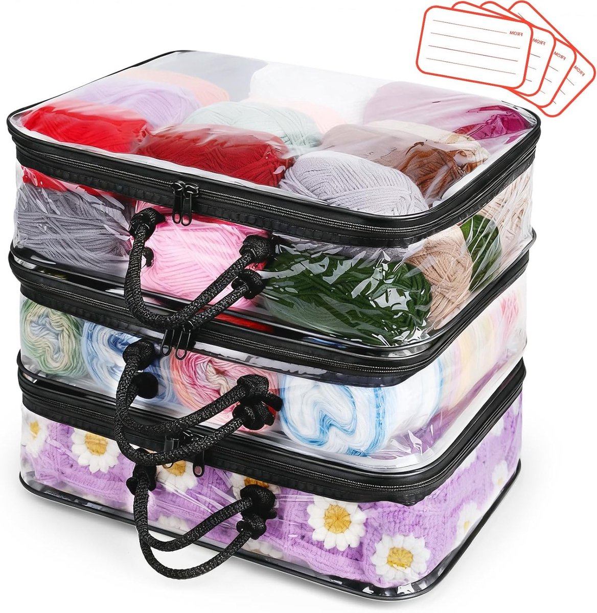 Set van 3 Transparante Opbergzakken voor Garens - Brei- en Haakaccessoires met 4 Labels en Handvatten