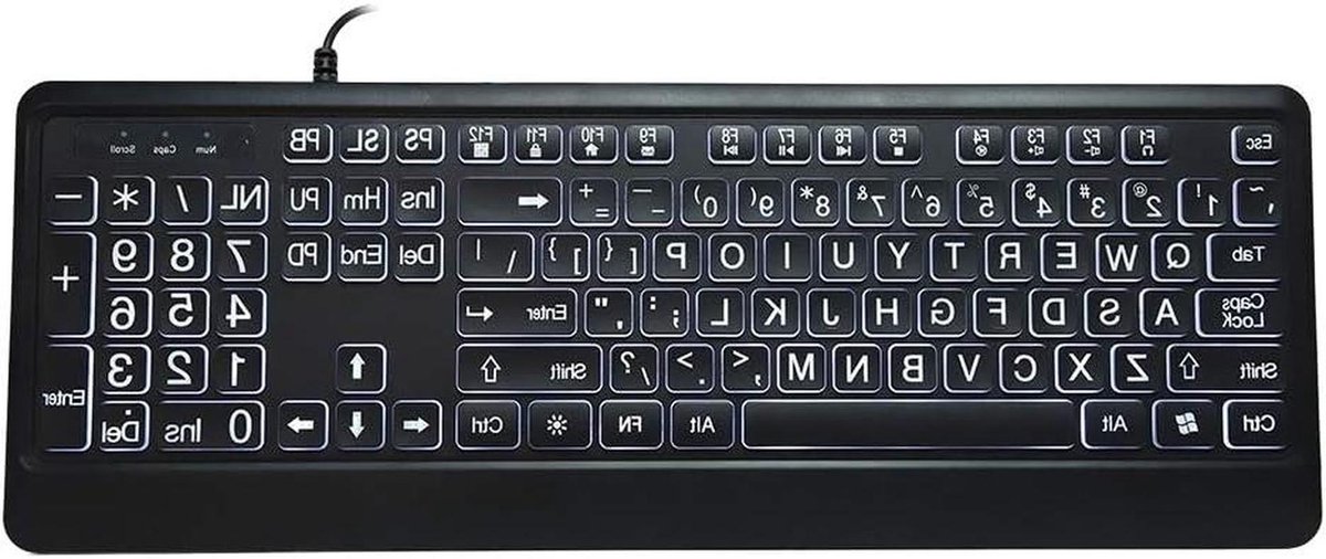 Ergonomisch Toetsenbord - Verlicht Toetsenbord - Comfortabel Typen - Grote Letters - 15m Kabel - Zwart