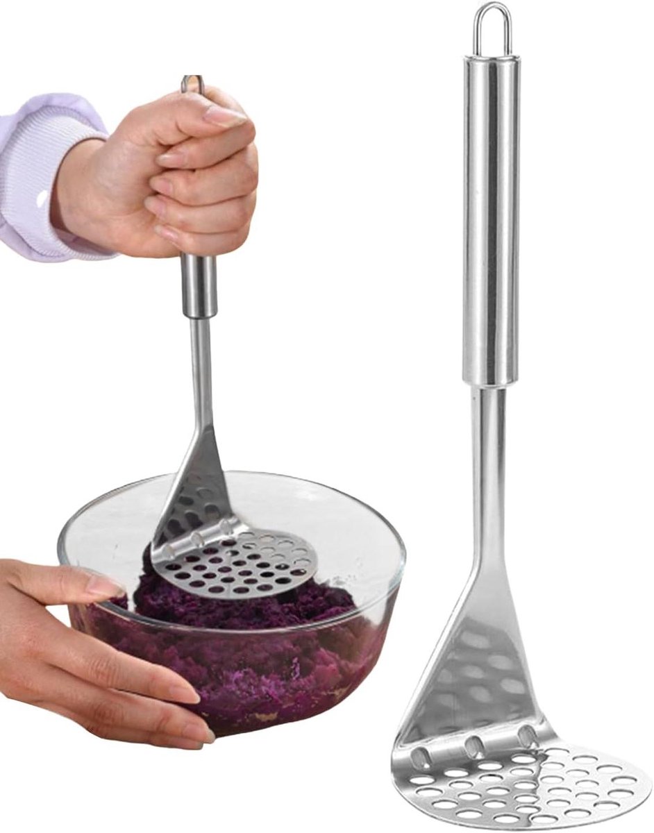 Aardappelstamper - Groente kneuzer - Babyvoeding maken - Antislip handgreep - 26 cm - Zilver