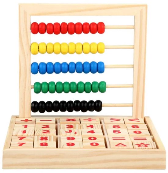 Flero Telraam, Houten Abacus, Montessori Rekenspeelgoed - Abacus Learning Set met 50 Gekleurde Kralen en Houten Studieblokken - Telraam met Cijfers, Rekensymbolen en Vormen - Educatief Speelgoed voor Kinderen vanaf 3 Jaar