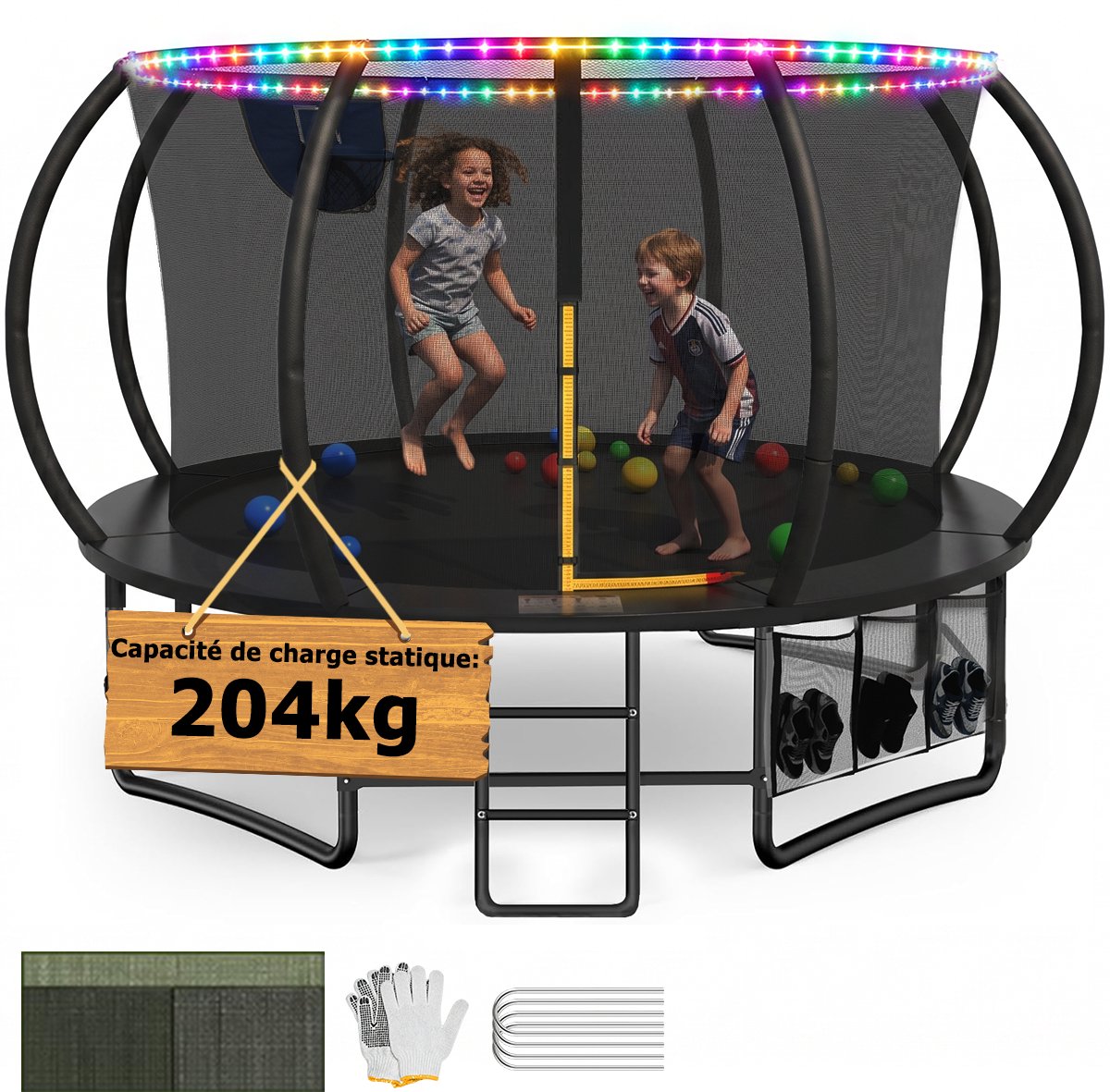 Trampoline met Veiligheidsnet - Ø 427 cm 14FT - Trampoline met LED-verlichting - Met Basketbalring - Met Ladder en Opbergzak - Max. 200 kg - Voor Kinderen en Volwassenen - Zwart