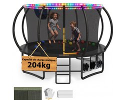 Trampoline met Veiligheidsnet - Ø 427 cm 14FT - Trampoline met LED-verlichting - Met Basketbalring - Met Ladder en Opbergzak - Max. 200 kg - Voor Kinderen en Volwassenen - Zwart